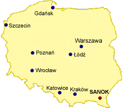 Mapa Polski z zaznaczonym Sanokiem