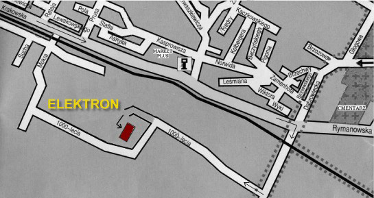 Fragment mapy Sanoka z widoczną siedzibą firmy Elektron